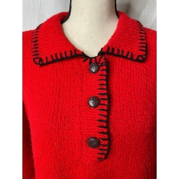 ABEL by Eurafric Vintage Red Black Trim Pullover Quarter Front Button Sweater * - Picture 4 of 6